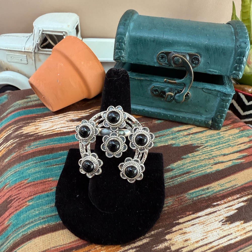 A11  Beautiful Navajo 6 Stone Black Onyx Naja Ring in a 92.5% Silver Setting
